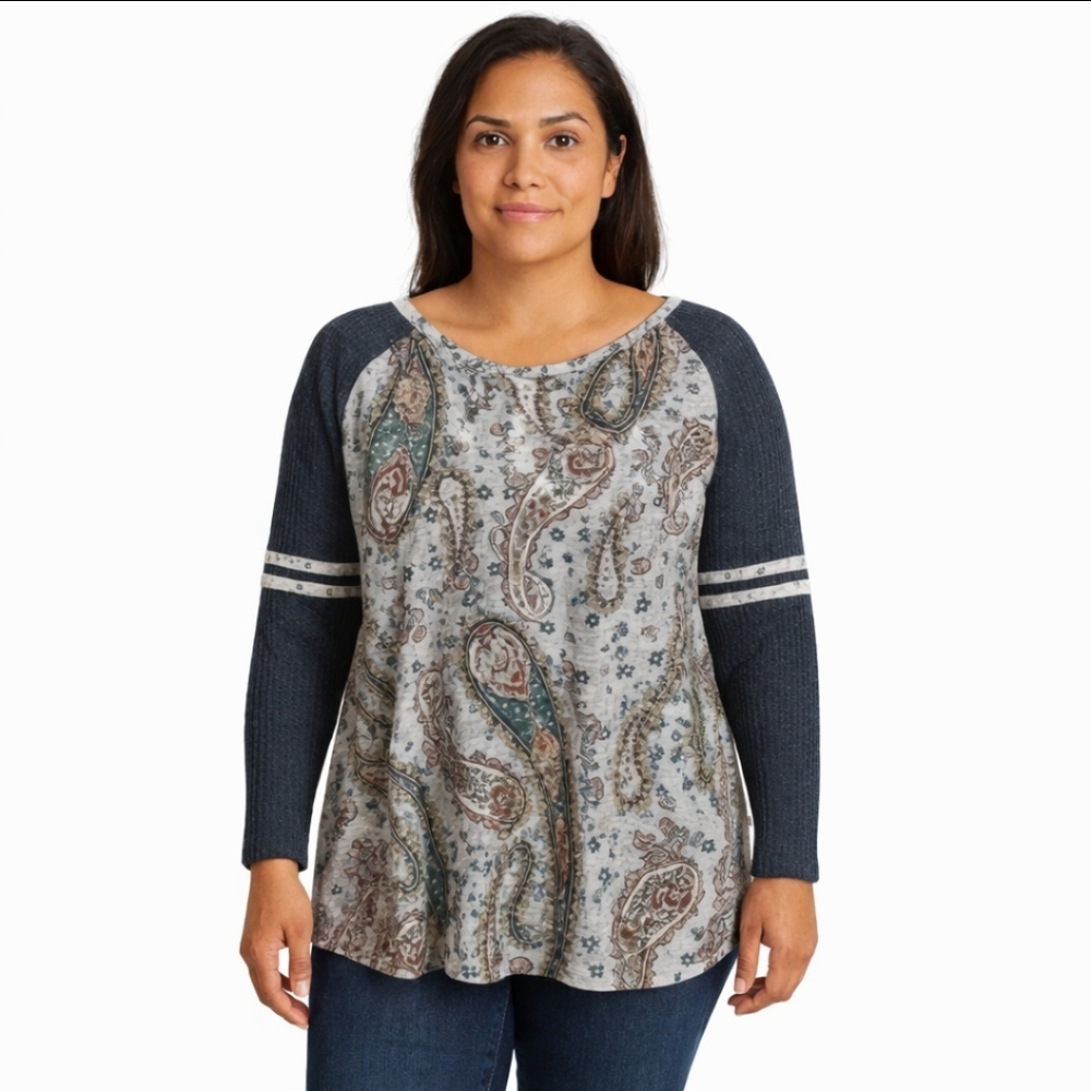 Est 1946 Green Gray Paisley Henley Comfy Floral Waffle Knit Long Sleeve Tee Lg
